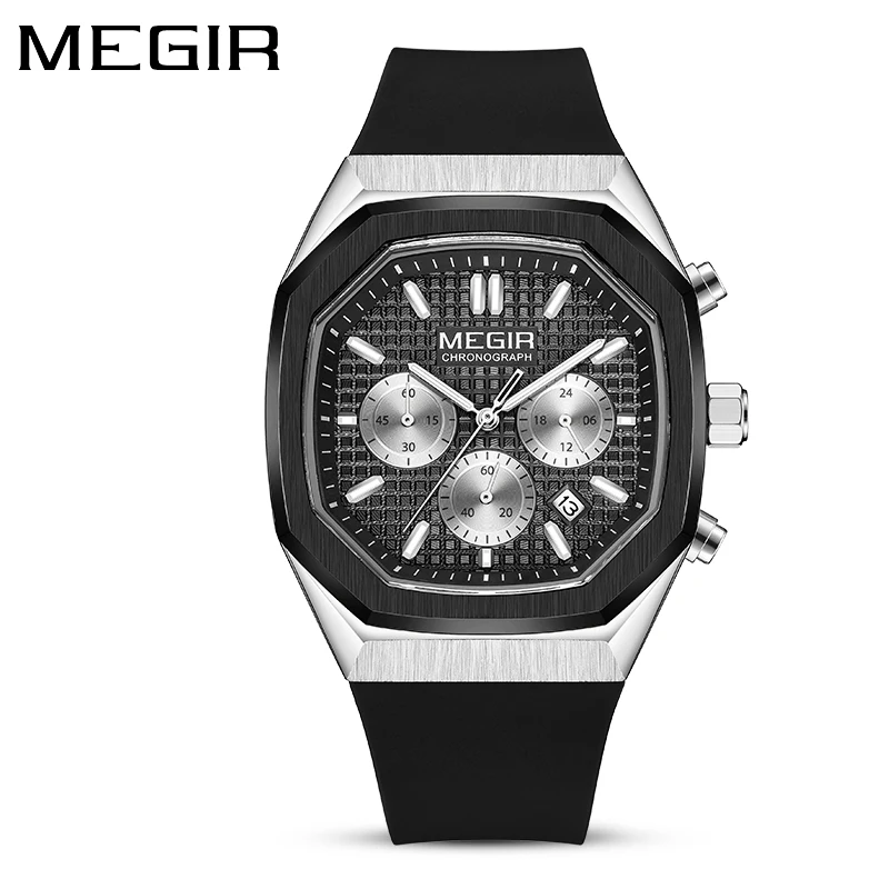 MEGIR 2215 модные спортивные часы для мужчин Лучшие Роскошные Кварцевые наручные черный силиконовый ремешок водонепроницаемые даты