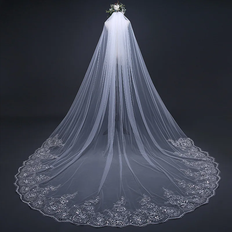 One Layers Lace applique White long  High Quality Wedding bridal Veils with comb in stock