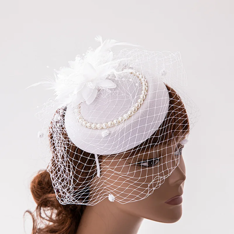 European bridal gauze feather headpiece hair clip Vintage veil pearl top hat