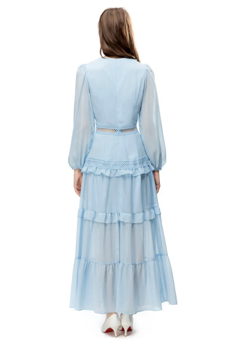 Elegant V Neck Long Maxi Ruffled Lace Tiered Dress For Women Clothing Manufacturer