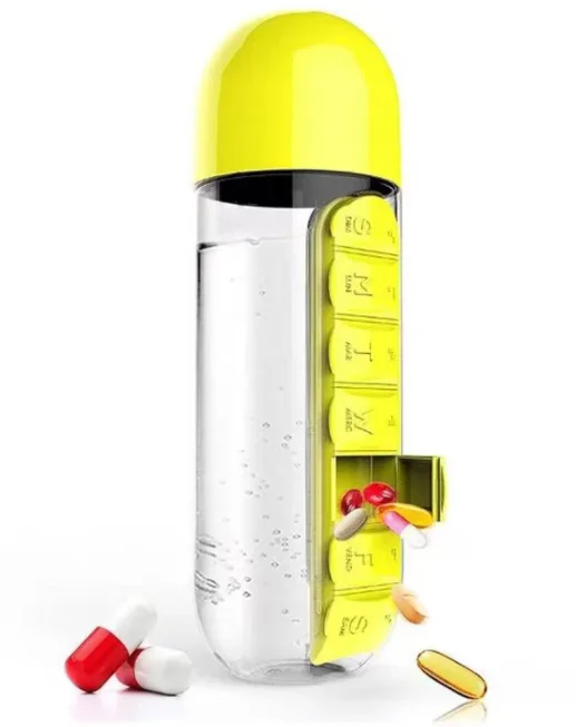 600ML plastic water bottle with 7 day pill organizer for daily life