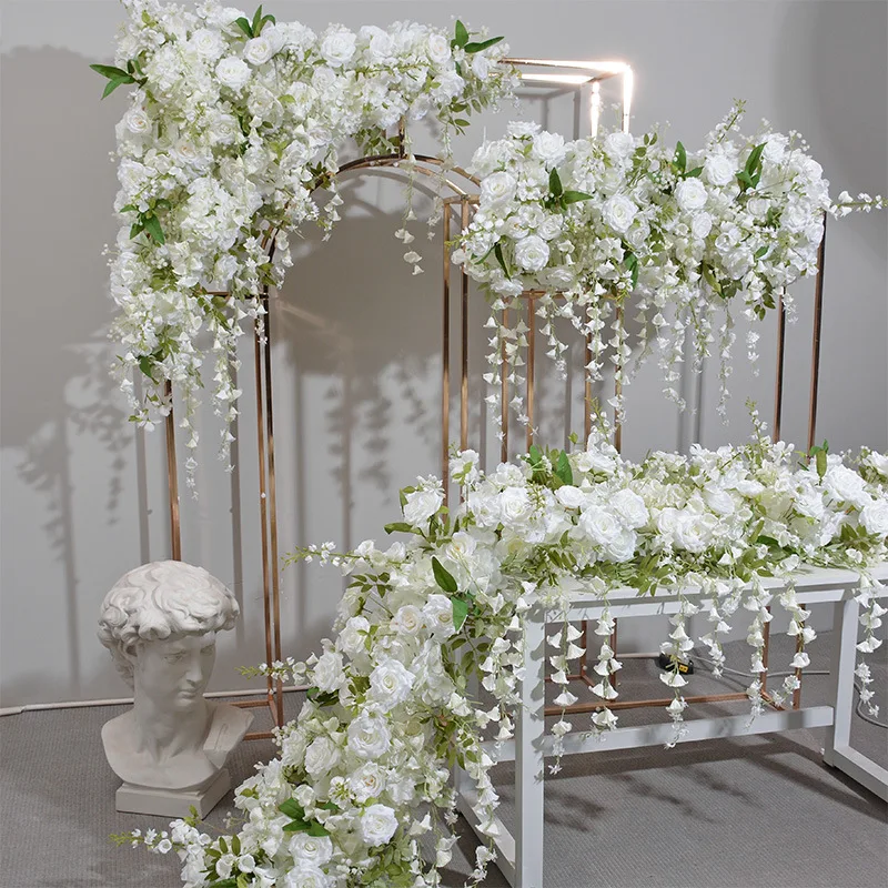 customize Wedding Props White Flowers Runners Flower Rows Artificial Flowers Table Runner For Wedding