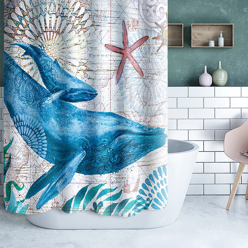 Nautical Green Sea Turtles Beach Theme Waterproof Polyester Bathroom 3D Shower Curtain with Hooks Metal Eyelets
