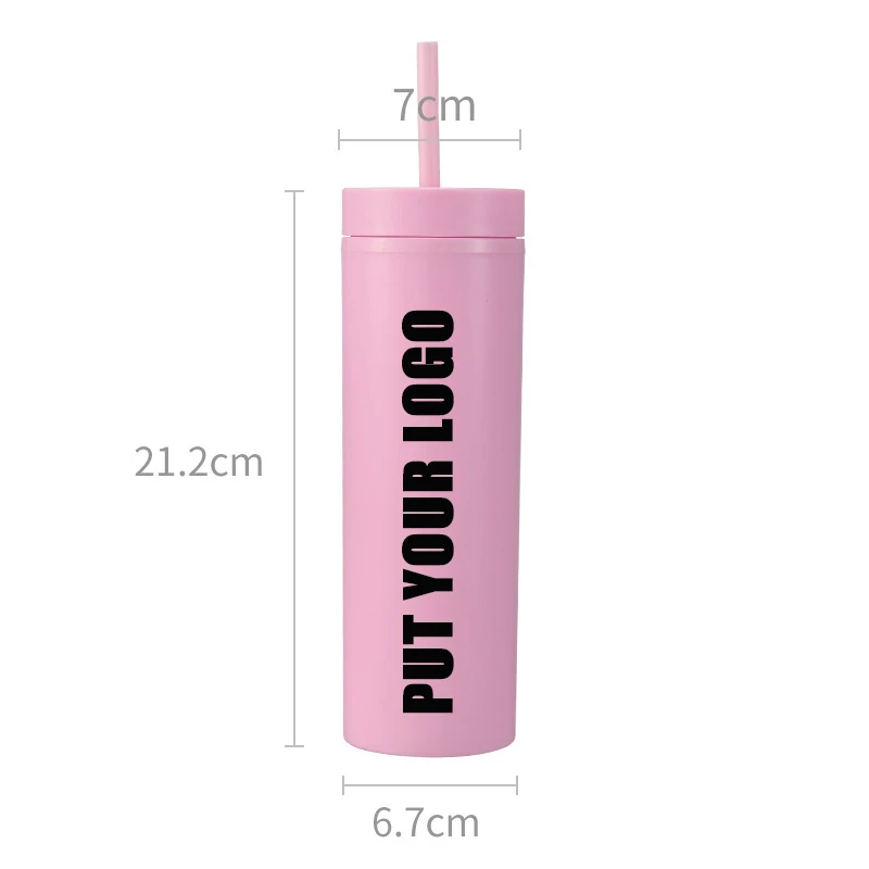 Custom Logo Slim Skinny Acrylic Pastel Colored Matte Tumblers 16oz Plastic Reusable Tumbler Cups with Straw