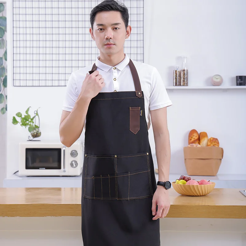 Manufacturer Adjustable Bib Apron, Unisex Black Making Machine Man With multi- Pockets Washable For Men Kitchen Restaurant