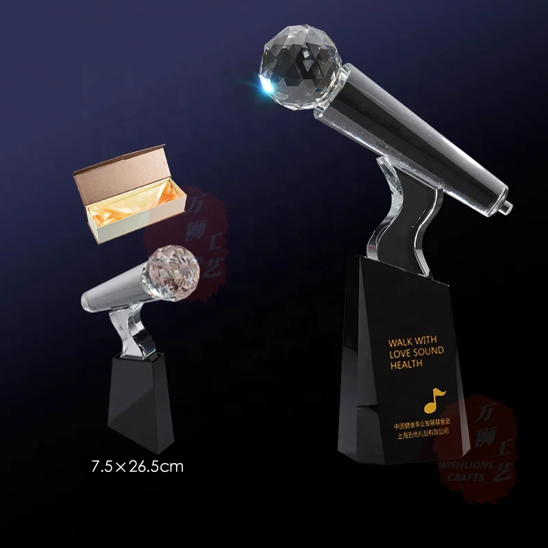 Hot Sale K9 Crystal Music Microphone Trophy Custom Made Transparent Microphone Award Trophy For Music Event Souvenir SPT-13F