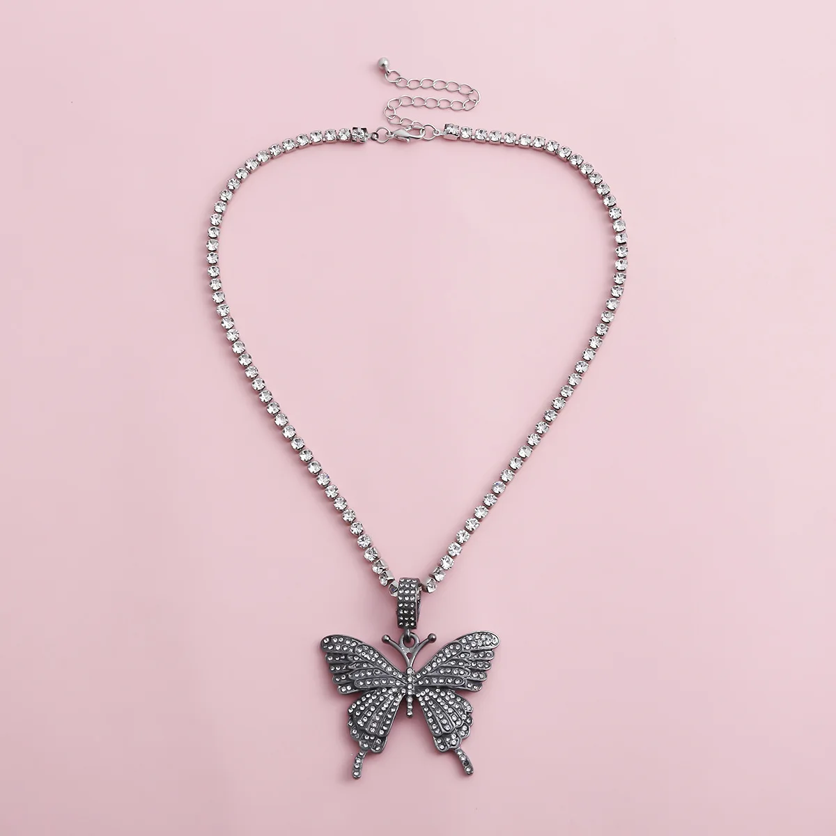 Ins Hip Hop Luxury Jewlry Tennis Chain Diamond Rhinestone Butterfly Necklace for Women