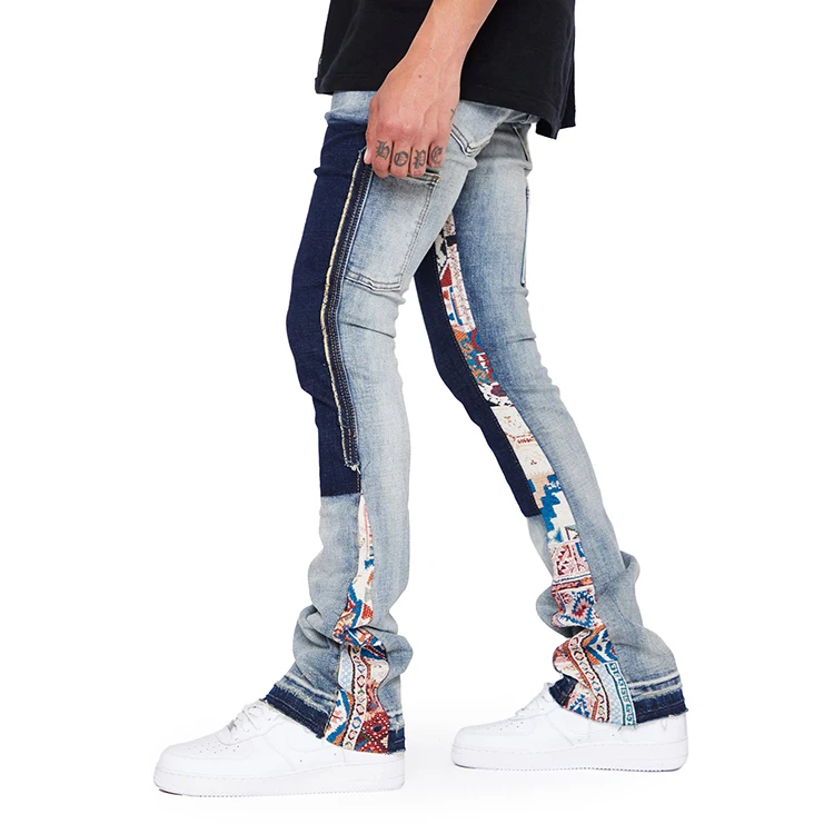 Custom designer acid wash flare stacked jeans pants distressed patchwork vintage cargo jeans men