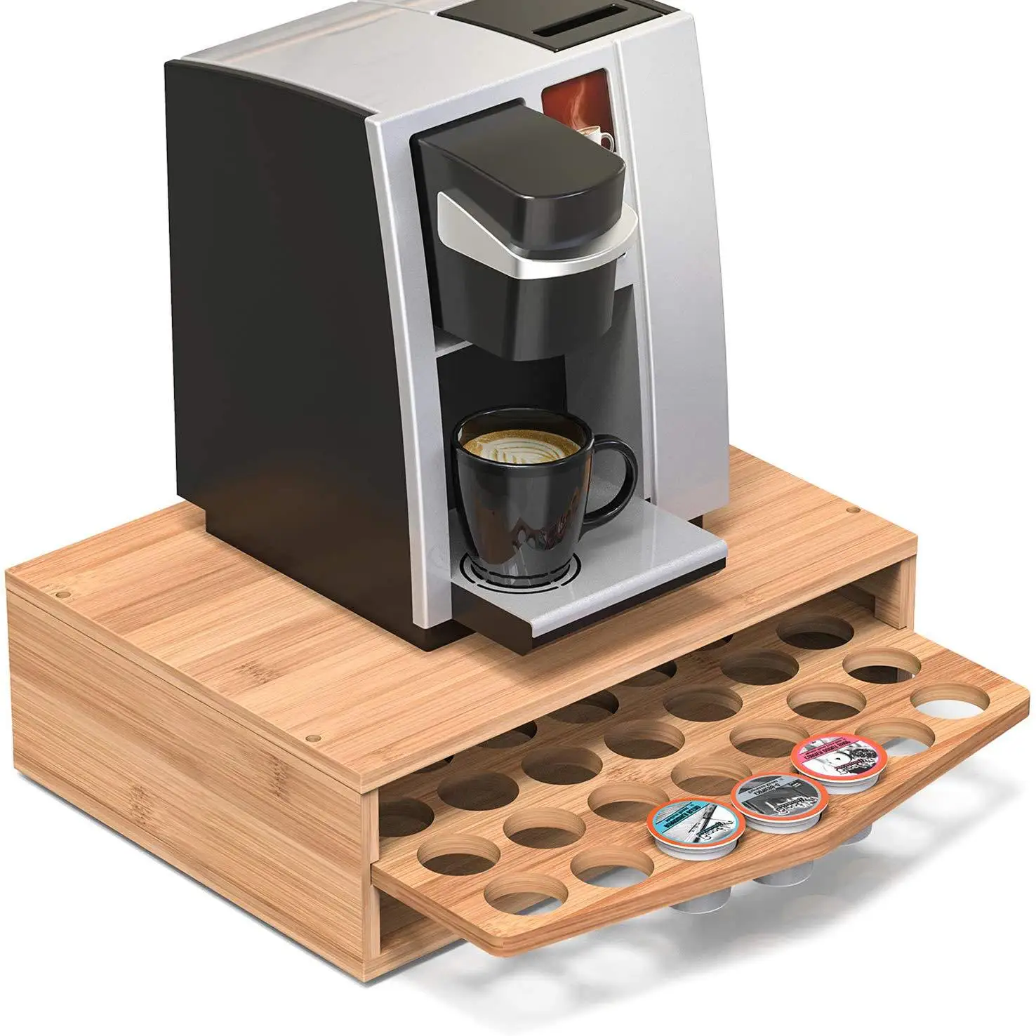 Hot Selling Premium Bamboo Coffee Capsule Pod Holder Rack With Drawer For Nespresso 35 Capacity Pod Pack Holder Rack