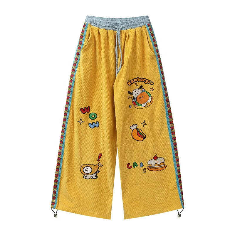 Custom Embroidery Patchwork Corduroy Straight Leg Mens Cotton Pants
