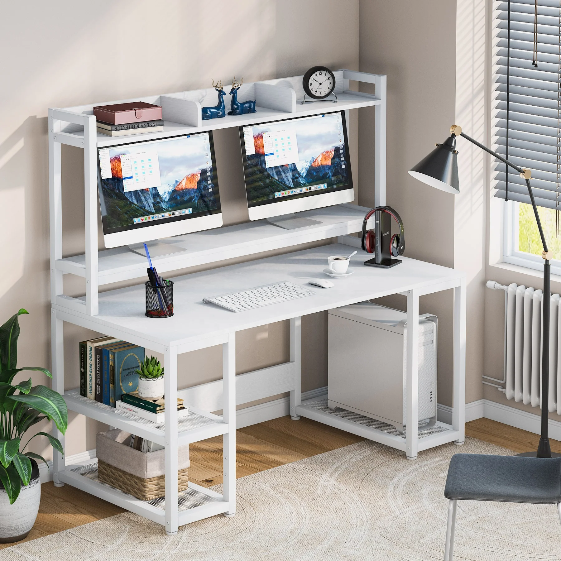 Tribesigns 55 Inches Studio Computer Desk with Monitor Stand Office Writing Desk PC Table Home Office Furniture