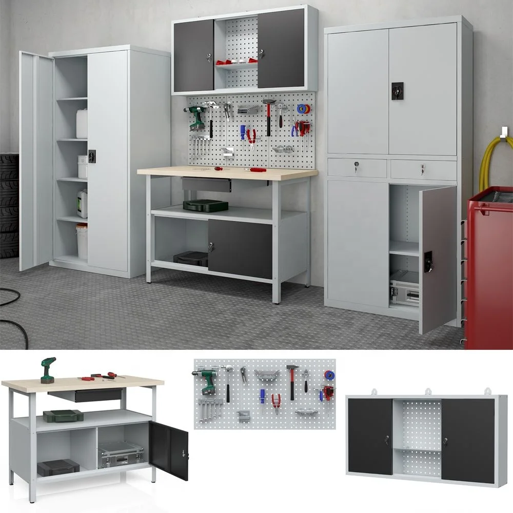 Functional  metal workbench set with storage tool cabinets in workshop and garage