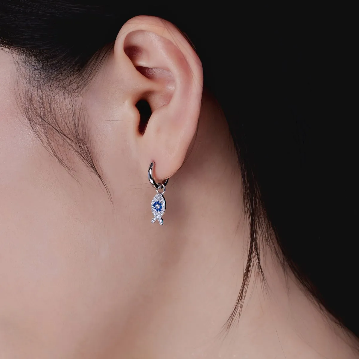 Dylam Turkish Sapphire Cz Cubic Zircon Stone Blue Eyes Fish Shape Dangle Earring 925 Sterling Silver Hoop Earrings For Women