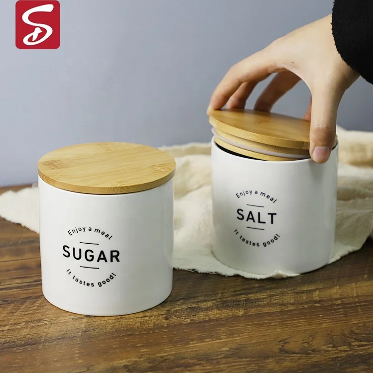 Modern Design Container Customized Logo Condiments Ceramic Food Storage Jar With Wooden Lid