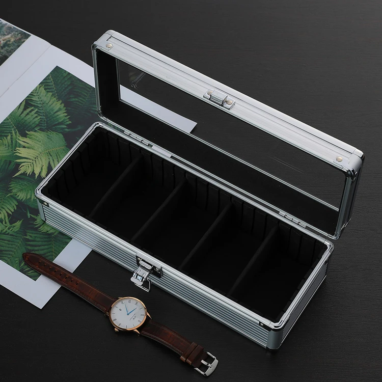  Factory Luxury Silver 5 Slot Aluminum Watch Display Gift Box Wrist Storage Transparent Glass