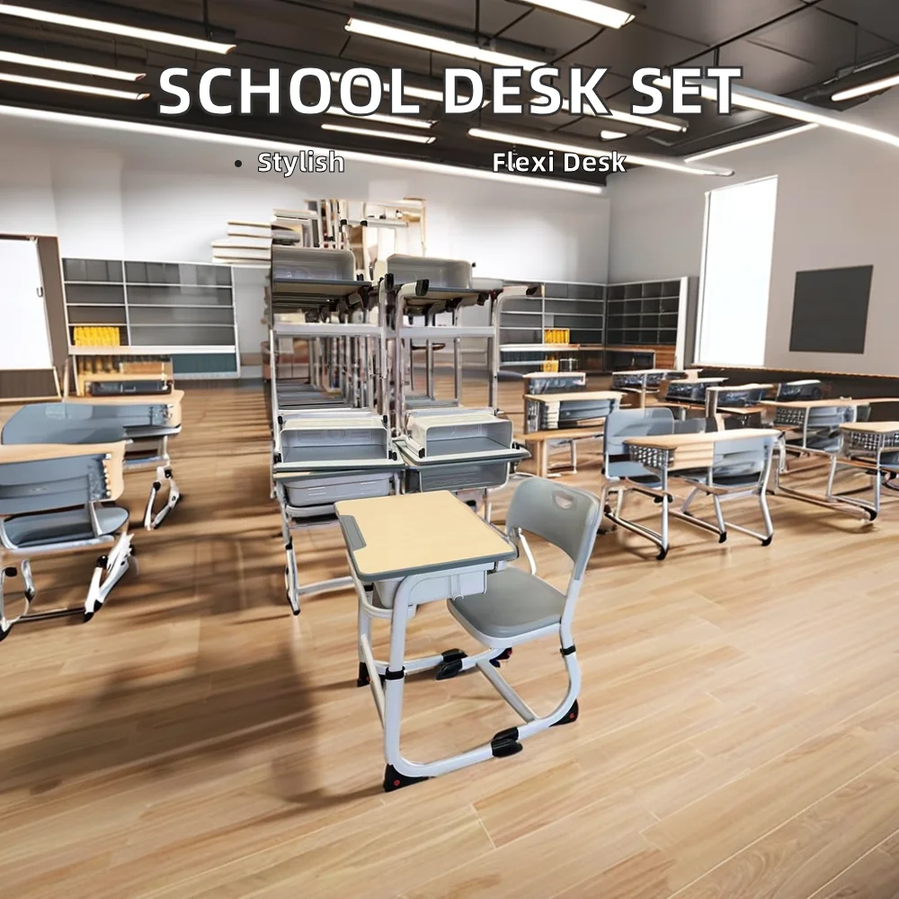 Factory Wholesale Educational Furniture Double Bench Student Desk Chair Set Steel Frame Wood Plastic Metal Carton School Modern