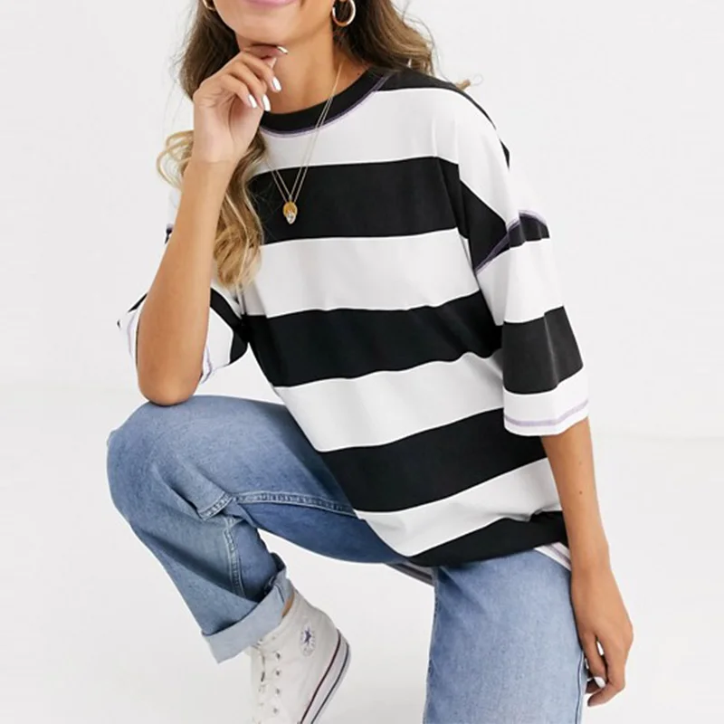 T shirt Factory price Womens black and white stripes loose fit 100% cotton raglan sleeves round neck oversized t shirt