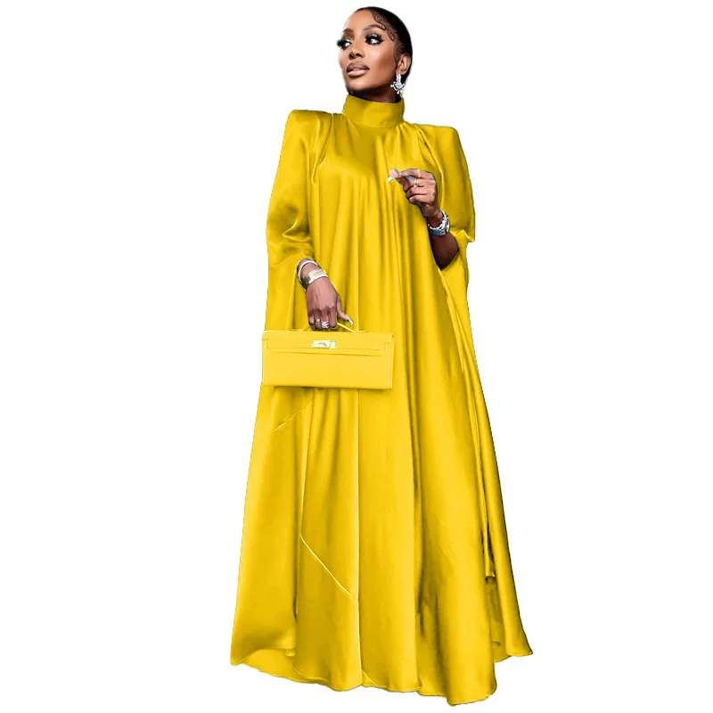 ZIYA A08S100 High Neck Loose Swing Middle Eastern Robe Satin Muslim Crinkle Dress