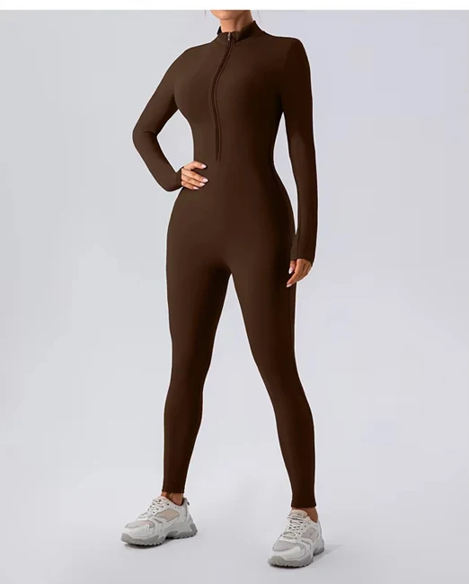Yoke Long Sleeve Zip Bodysuits Light Jumpsuit With Tummy Control Rompers Yoga Shorts for Winter Workout Jumpsuits for Women