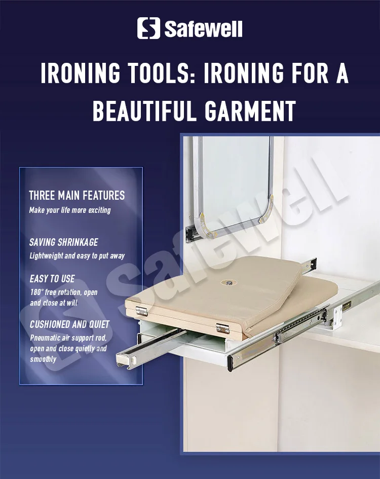 Safewell New Arrival Pneumatic Retractable Folding Home Wardrobe Rotating Ironing Board Space Saving Sleeveboard