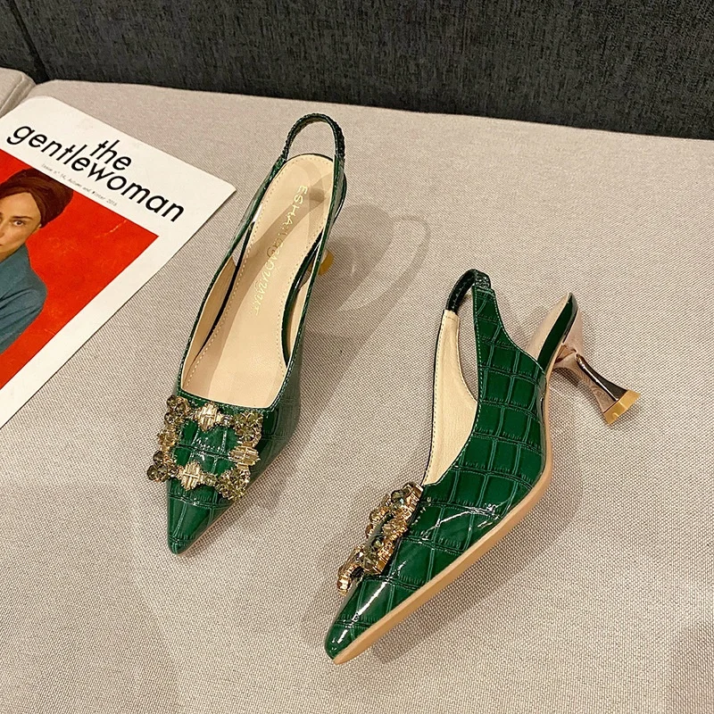  2021 Fall New Backspace High Heels Pointed Shallow Mouth Fashion Rhinestone Square Buckle Temperament Single