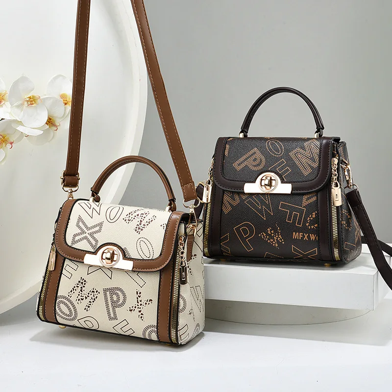 Casual Lady Fashion Handbag Custom Logo Bucket Square Pattern Zipper Lock Closure PU Polyester Lining Embroidery Pearl