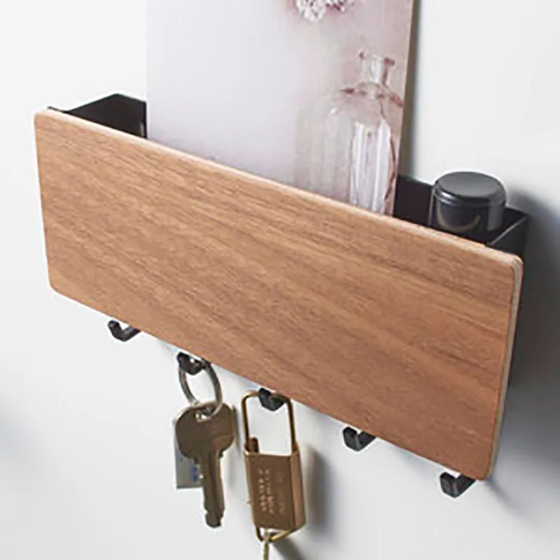 Home Entrance Wall Key Holder Hooks Punch-free Storage Box Door Entryway Multi-functional Wooden Miscellaneous Storage Rack