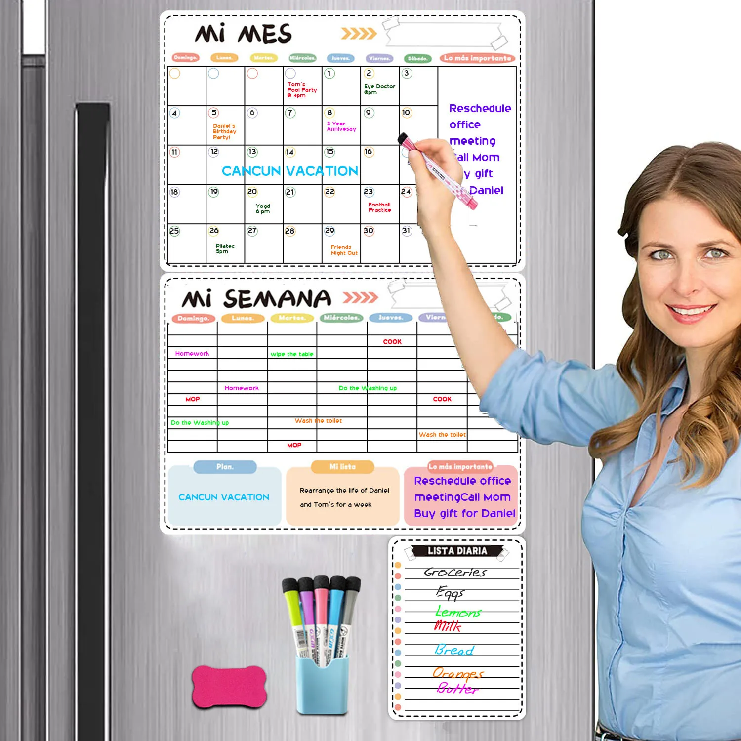 OUV Spanish Monthly and Weekly Dry erase Magnetic Whiteboard Calendar for Fridge