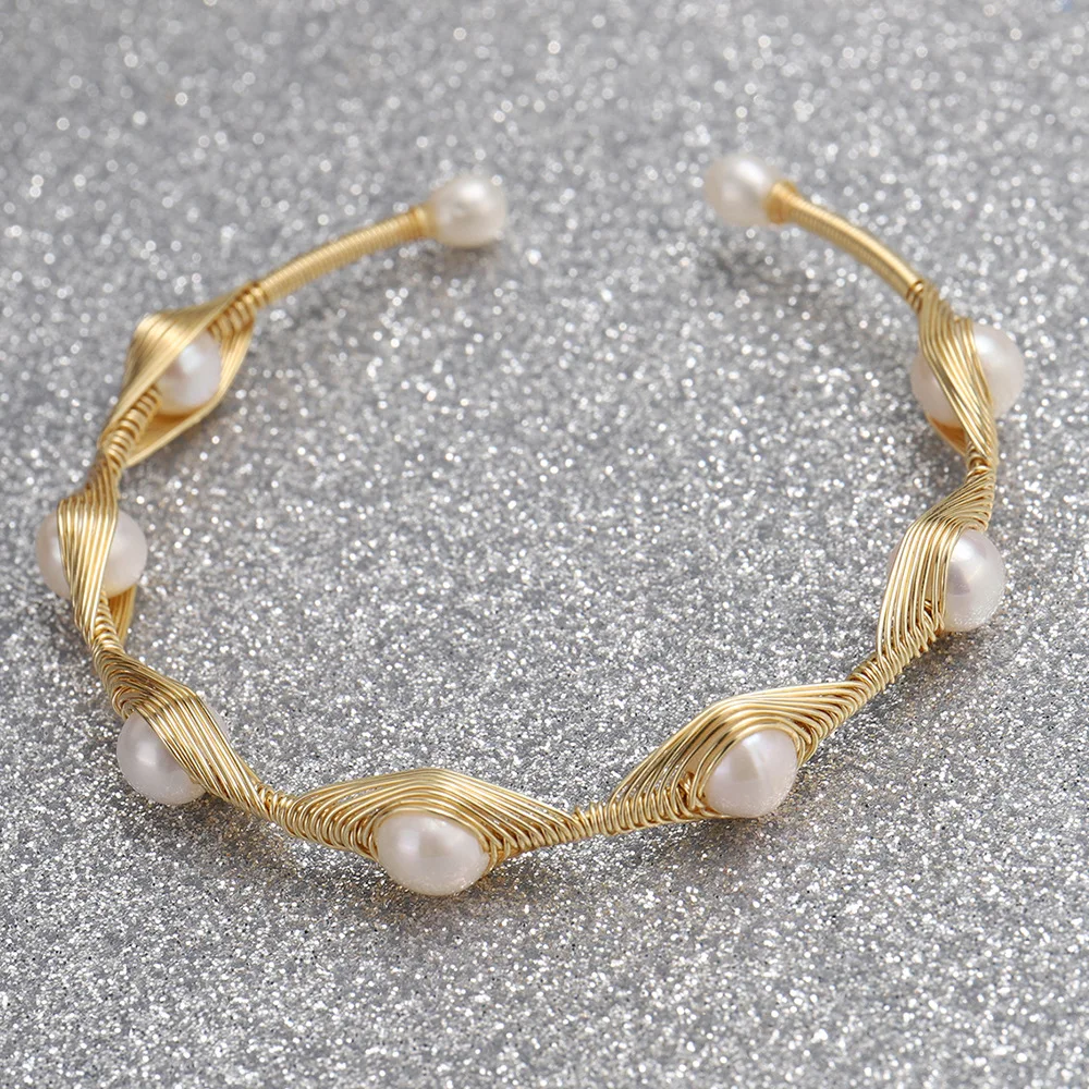 LS-E960 natural wire wrapped white pearl Bracelet with gold handmade beads Bangle woman fashion wedding Bracelet Jewelry Gift