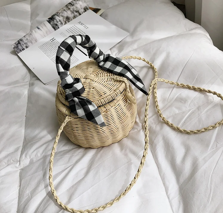 
Children Kids Straw Bag Small Size Round Rattan Shoulder Bag With Scarf 