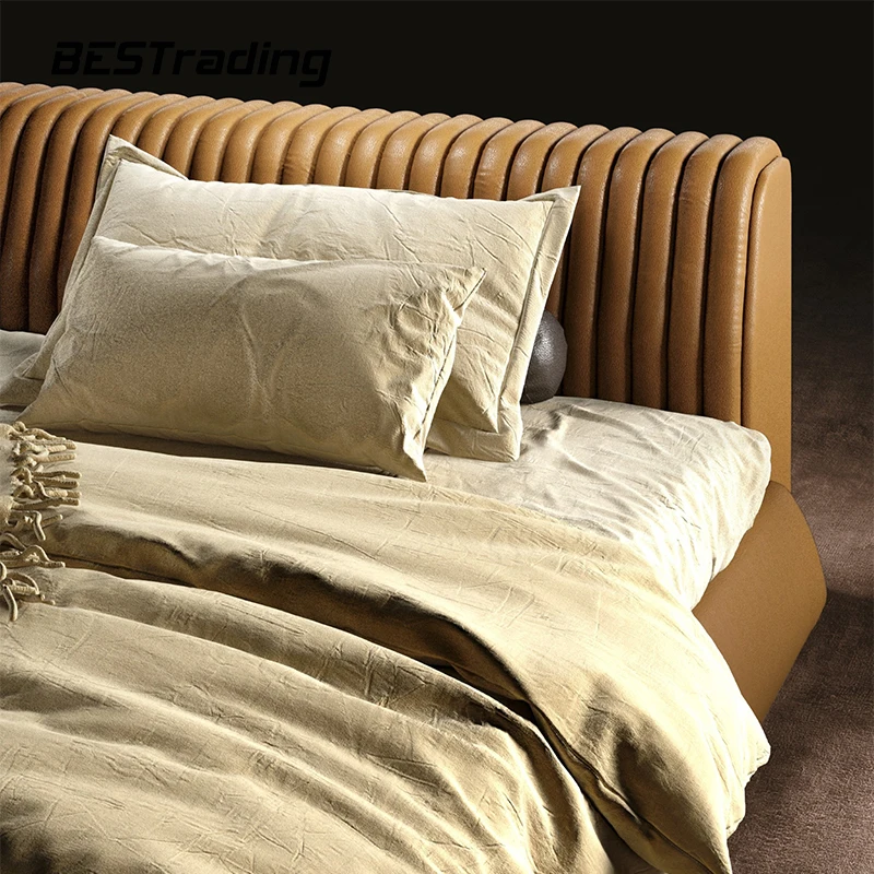 Luxurious retro latest design beds for the elderly queen furniture bedroom double leather wooden beds