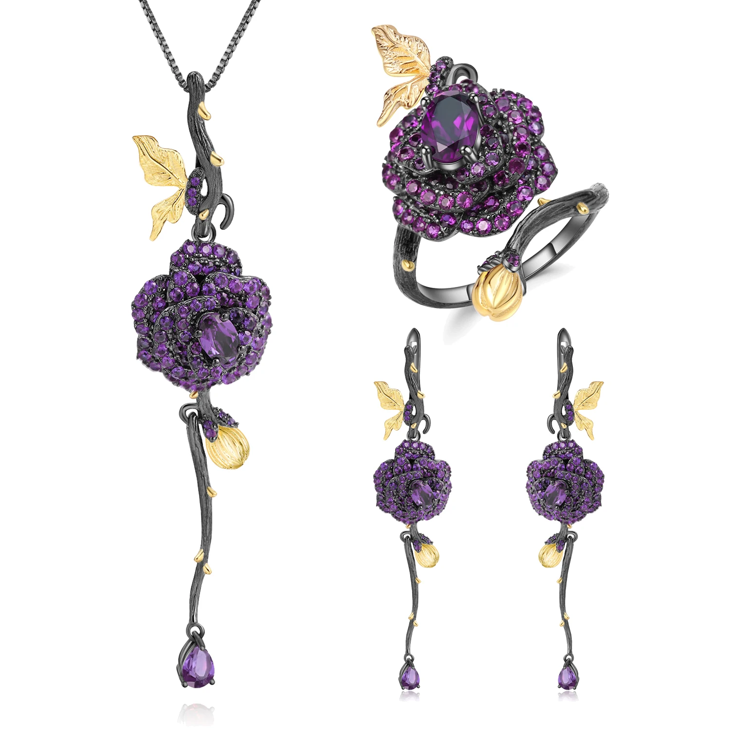 C7630 Abiding Jewelry Vintage Style Natural Amethyst Gemstone Plant 925 Sterling Silver Woman Jewellery Sets