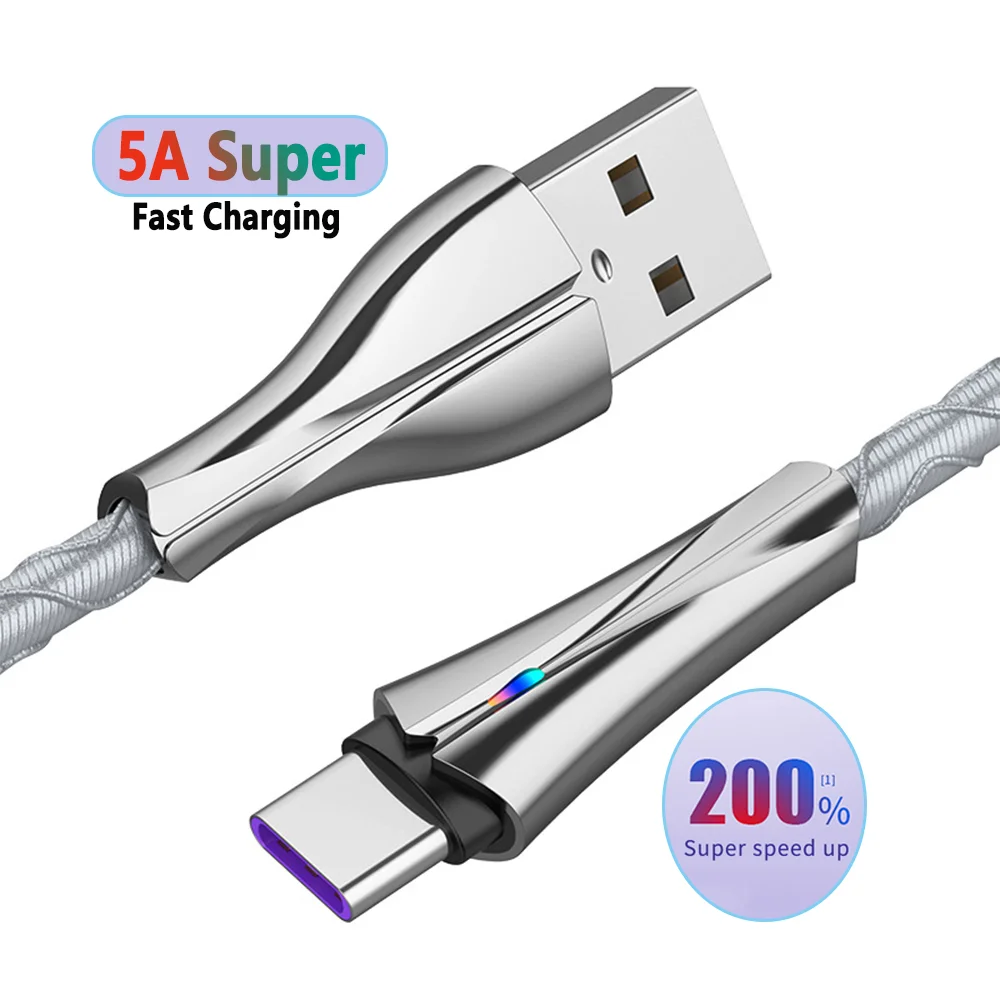 Zinc Alloy LED USB 5A Cable Type C Fast Charger Micro Usb Cable Fast Charging Cable for iPhone Charge Cavo USB C Kabel Data