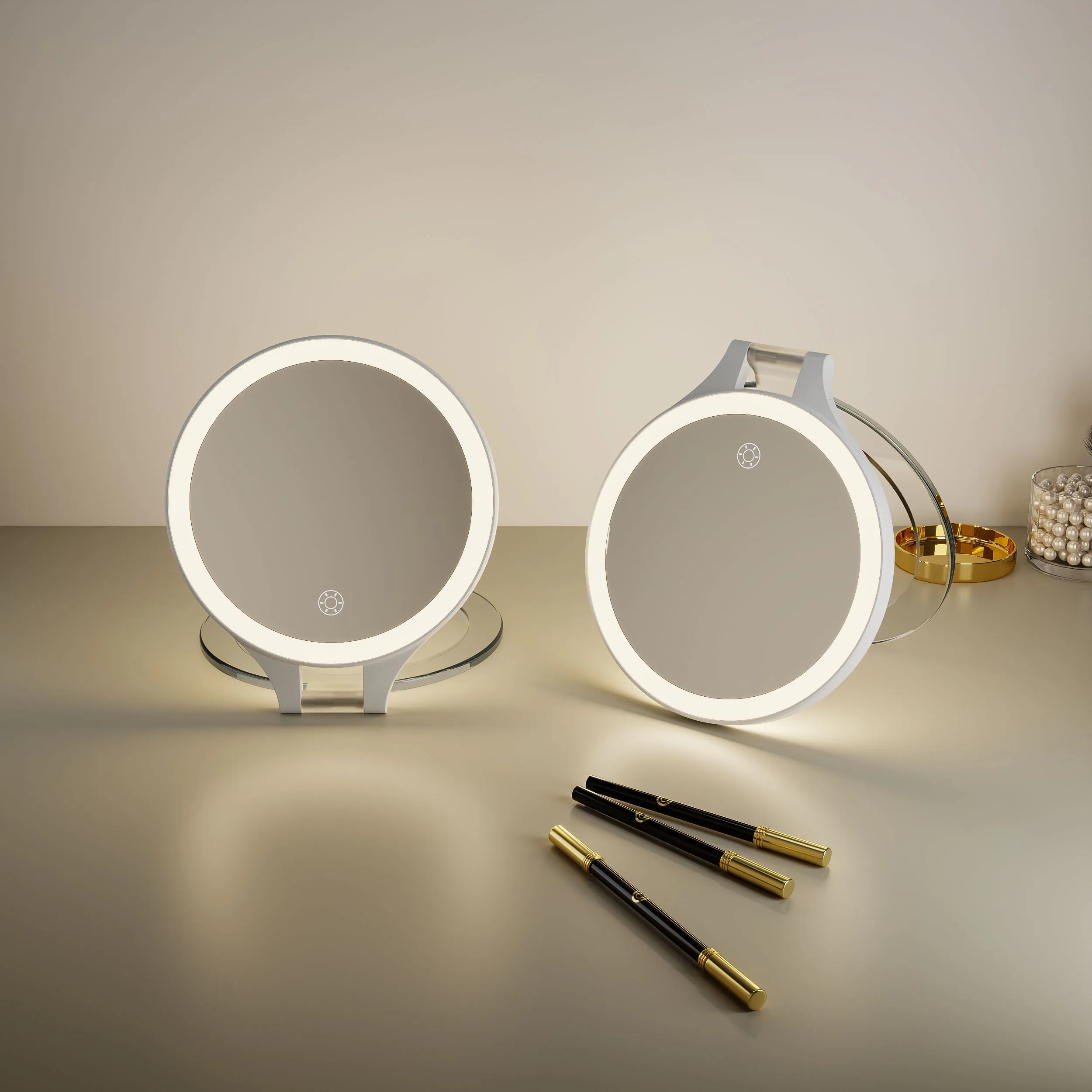 Double Side Custom Logo Round 10x Magnifying Lighted Cosmetic Makeup Vanity Portable Folding Makeup Mirror With Led Light