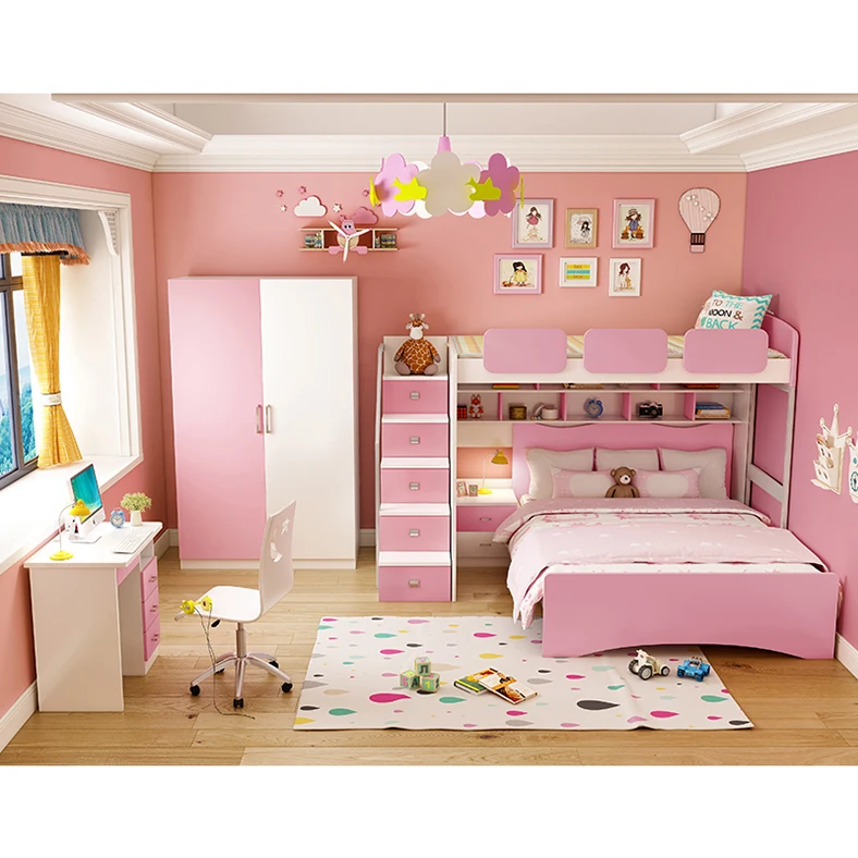pink double multi-functional wood children bunk beds With Storage Drawers and table barbie