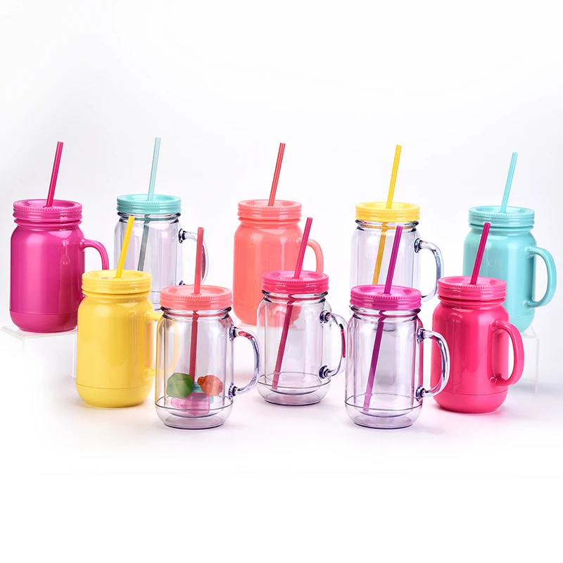 Custom Matte pastel pure color 20 oz mason jars with lid and straw double wall plastic bottle with handle in bulk