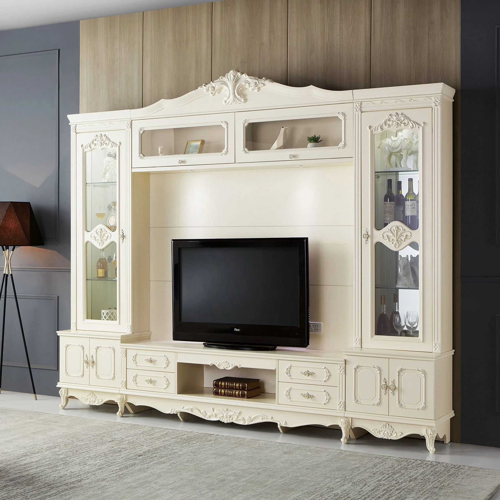 Pure White TV Wall Unit Living Room Furniture TV Cabinet Designs show case for living room