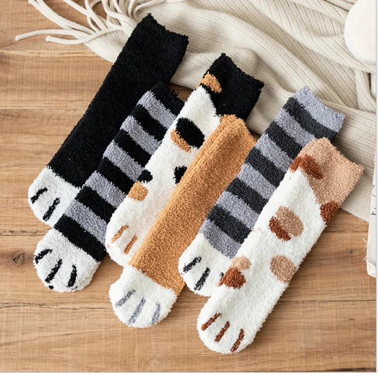 plush coral fleece socks female tube socks autumn and winter cat claws cute thick warm sleeping floor sleep socks for lady