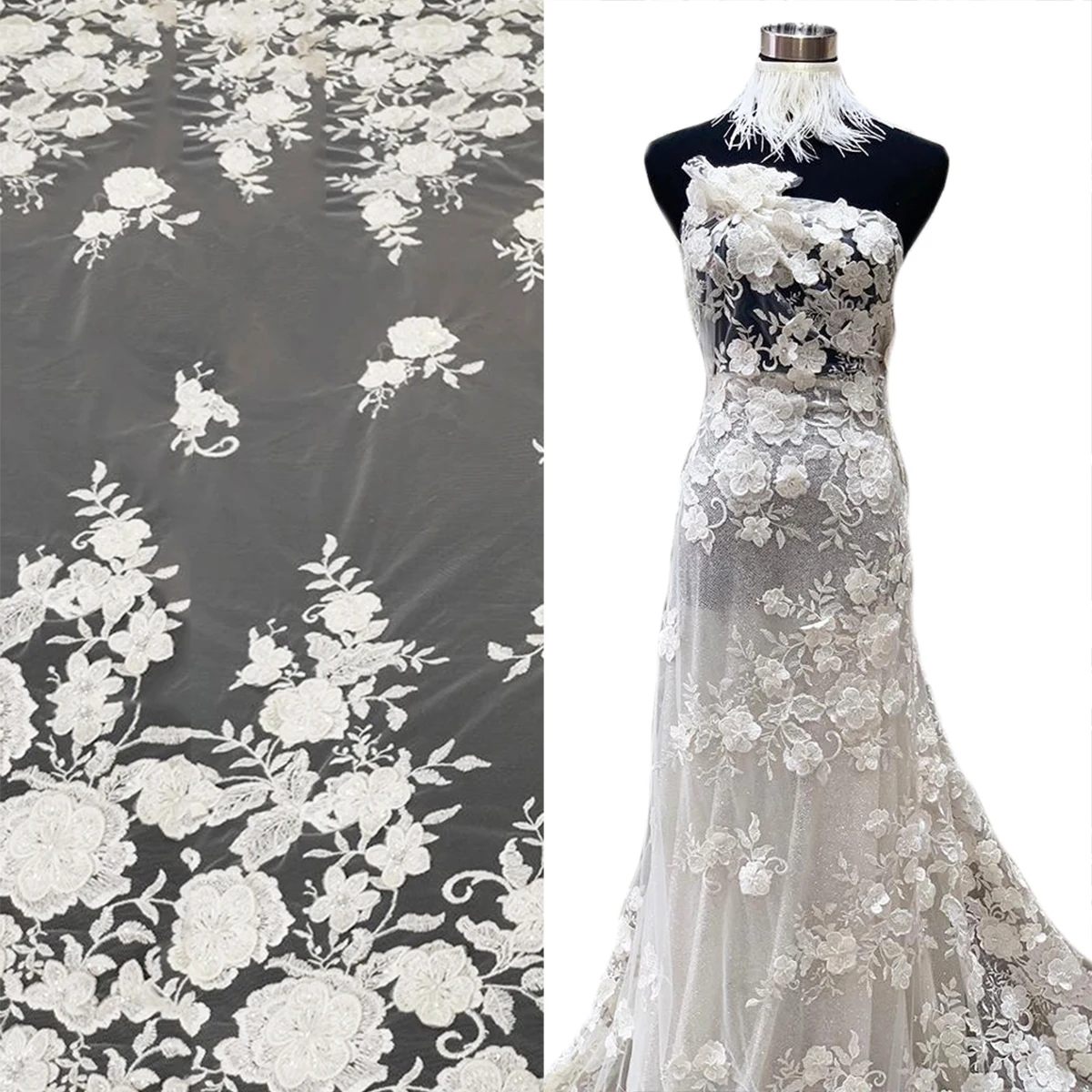 Good Quality African Floral Design White Bridal Embroidery Beaded Tulle Mesh 3D Flower Elegant Wedding Dress Crystal Lace Fabric