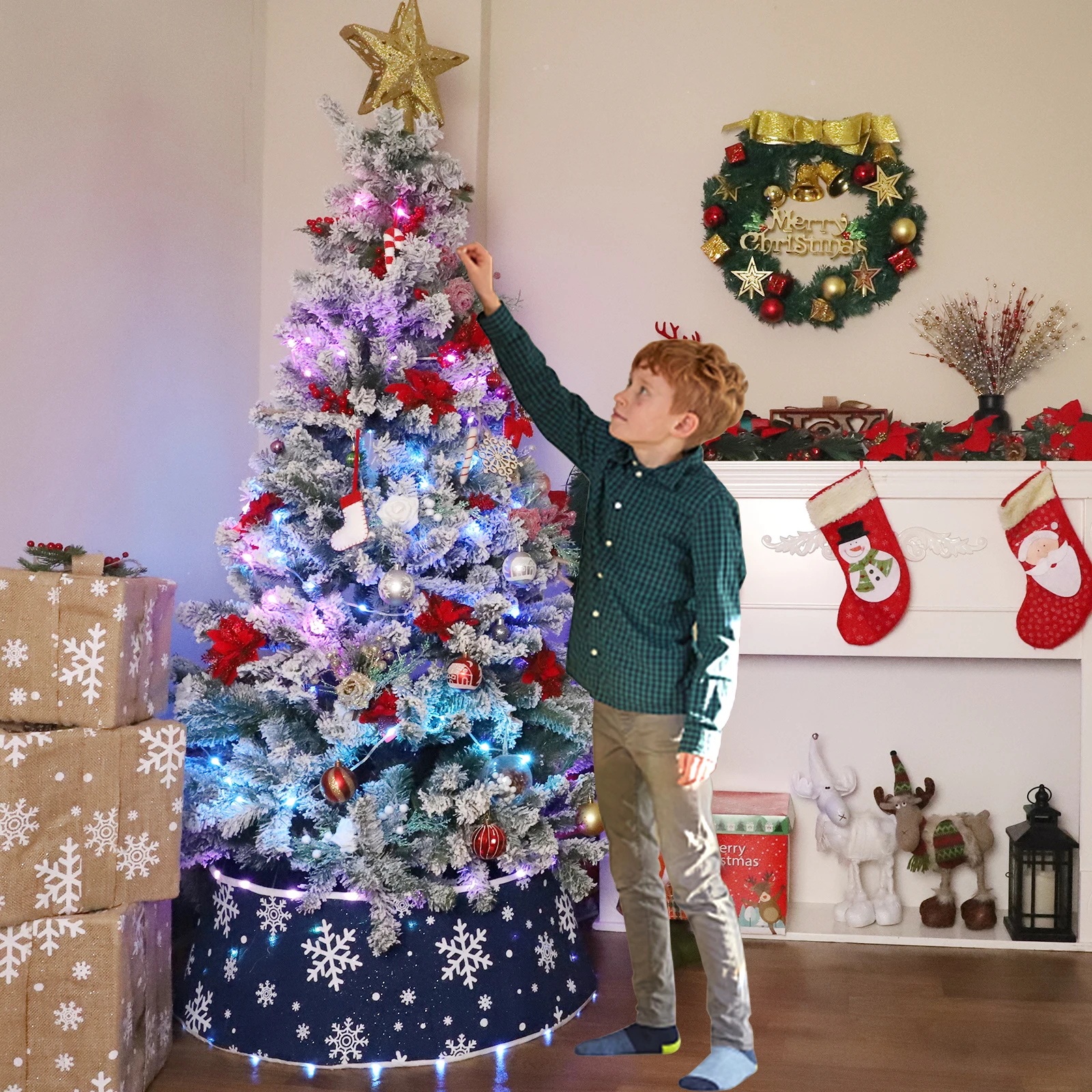 Macting Decorative Tree Stand Cover Tree Ring with String Light for Christmas Decor Snowflake Tree Collar