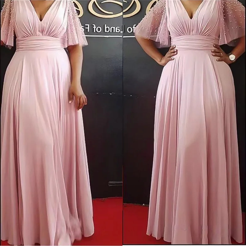 2022 new arrival solid color Polyester beaded  women party long gown evening dresses
