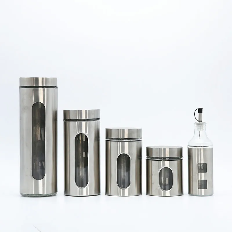 Hot Selling Silver Stainless Steel  Coating Food Glass Storage Jar  Oil Vinegar Bottle and Salt Pepper Shaker