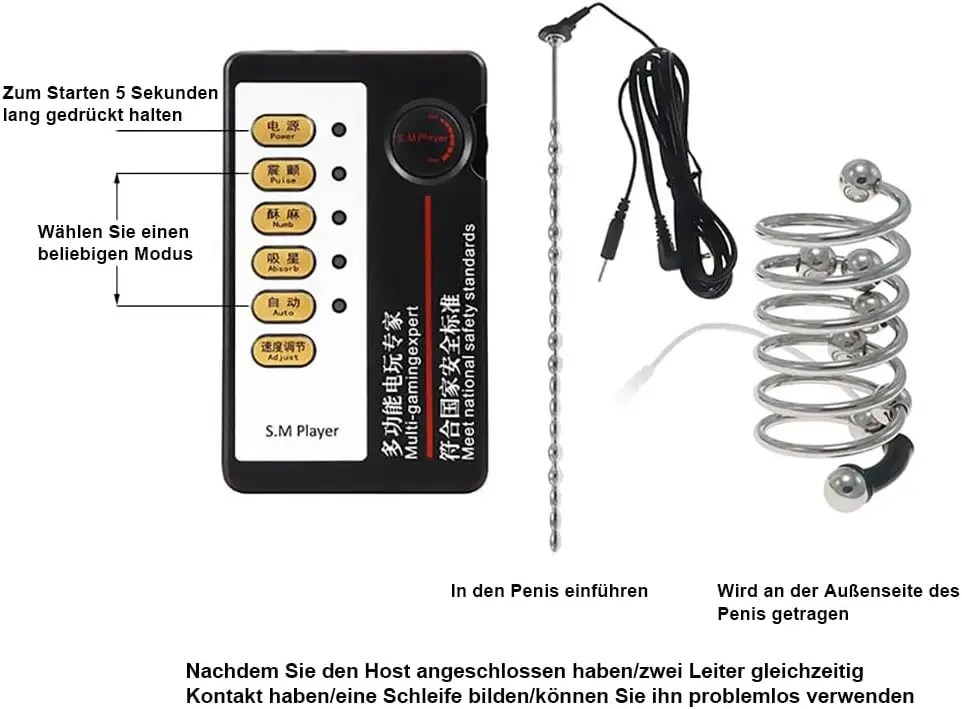 SM Electric Shock Stainless Steel Beads Urethral Dilators Long Electric Urethral Plug Cock Ring Set
