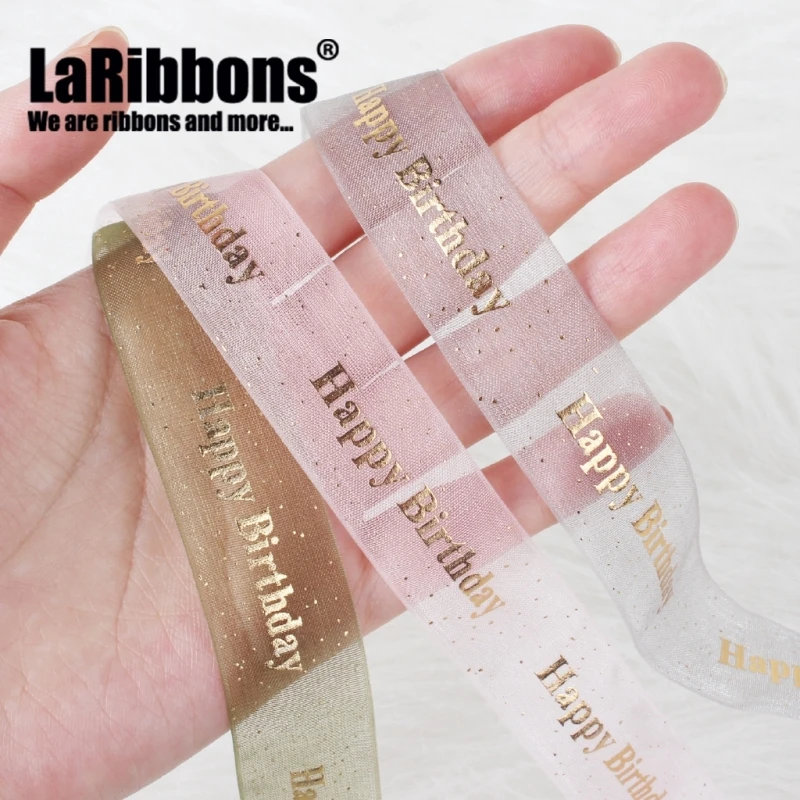 
Custom gift ribbon Happy Birthday gold color foil Printed ribbon organza ribbon 