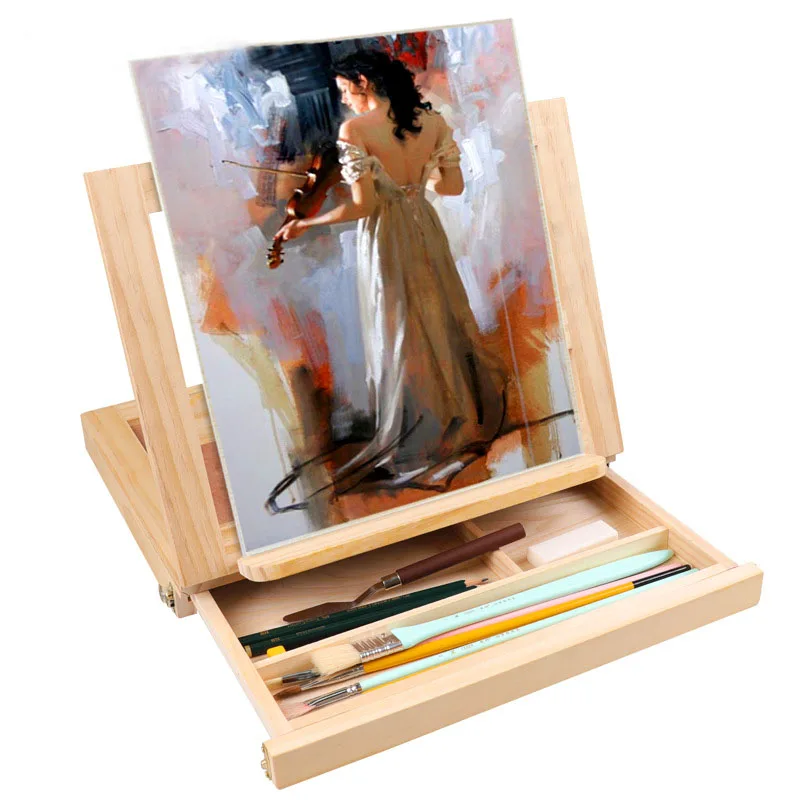 Portable Polished Wooden Easel with Drawer Tabletop Wooden Craft Wooden Box and Wall Sign for Technical Drawing Storage