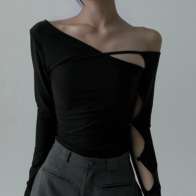 Women Long Sleeve Bulk Ladies Slant Neck Hollowed Out Slim Fit Long Sleeved Top T-shirt Woman Clothing Blouse
