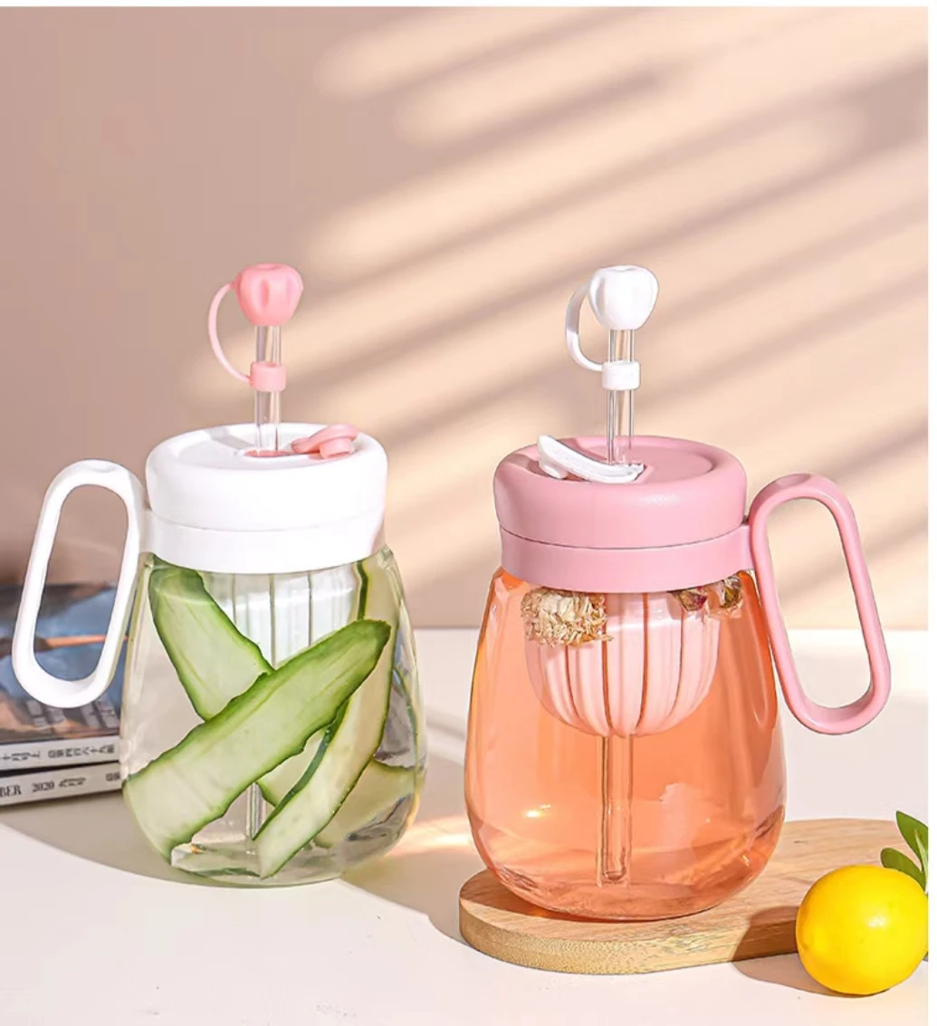 Stripe Glass Cup Transparent Glasses With Lid and Straw Ice Coffee Mug Tea Cup Juice Glass Milk Water Flower Cups Drinkware