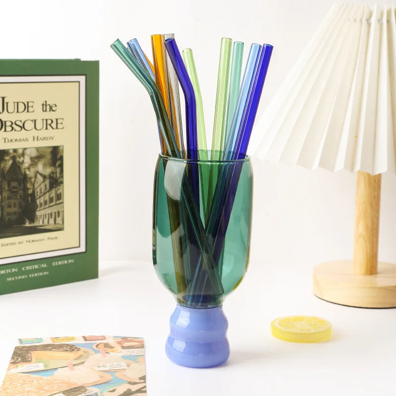 Custom Colorful glass straw gift set juice milk drink milk tea colored glass straight bent straw
