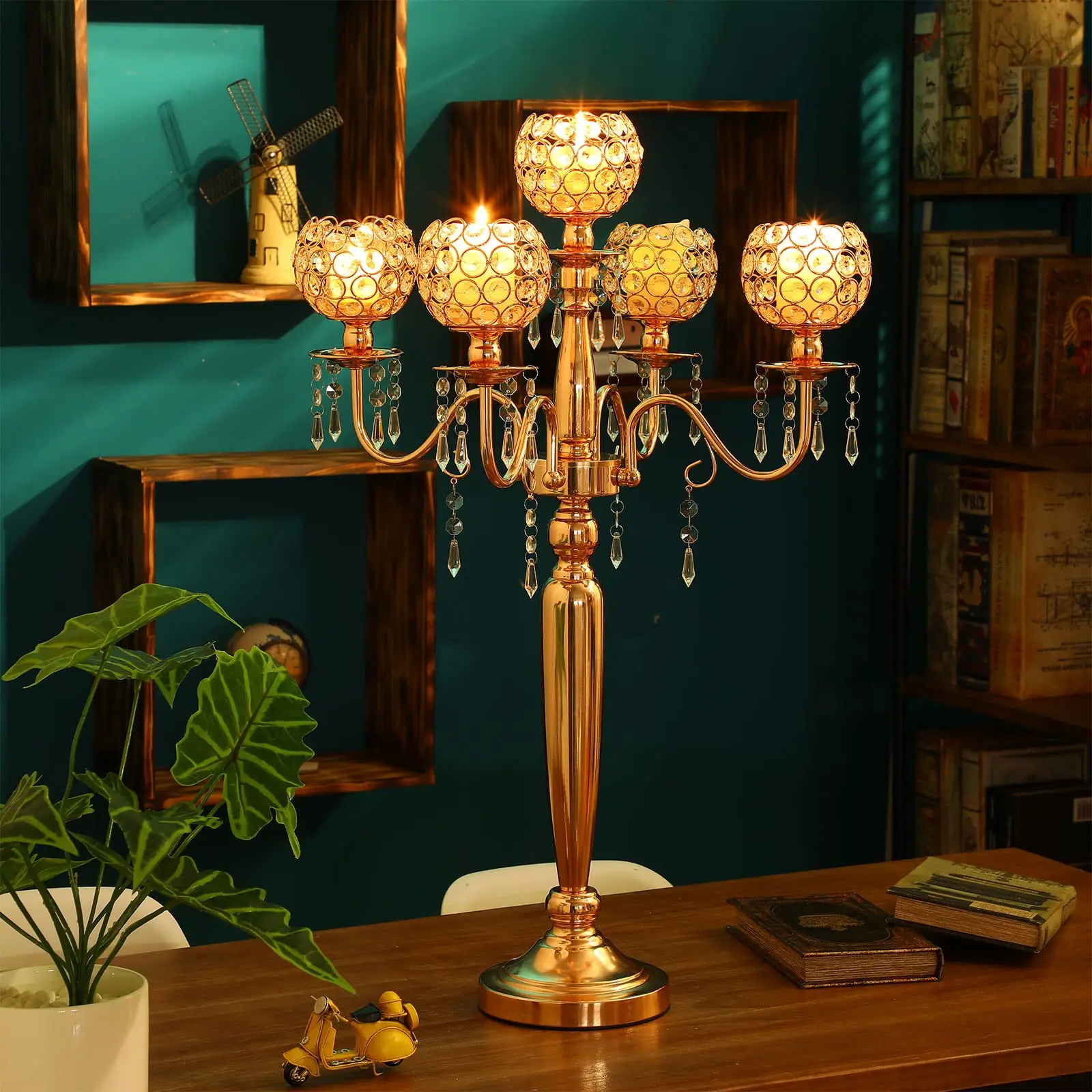 Gold Metal Crystal Candlesticks 5 Arms Crystal Candelabra For Tealight Candles Holders Classic Wedding Party Table Centerpieces