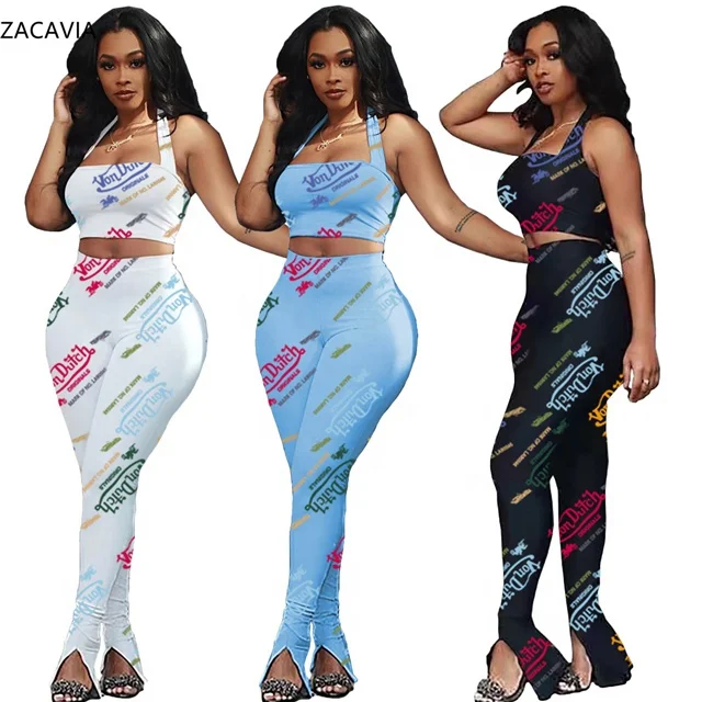 
ZACAVIA Casual Printed Letters Slim-fit Tube Top Trousers Two-piece Suit Fashion Suit Ladies Suit 